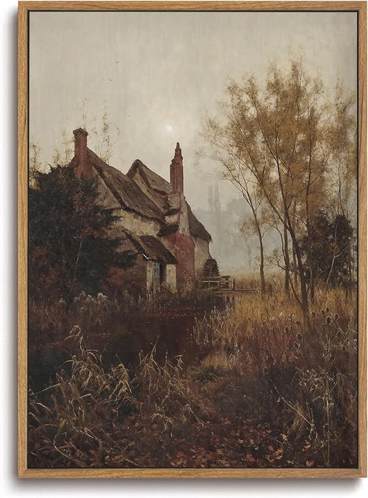 ZZLWBKGL Vintage Cottagecore Framed Wall Art Moody Rustic Canvas Wall Art Farmhouse Warm Tone Pictures Wall Decor Landscape Art Prints for Living Room Study Bedroom