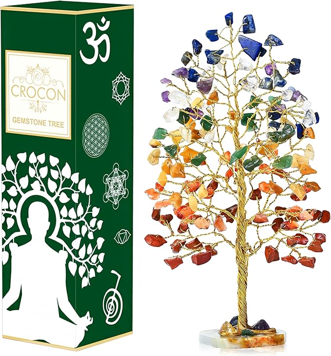 7 Chakra Tree of Life - Geode Agate Slice Base, Crystal Tree for Positive Energy, Feng Shui Decor - Gemstone Tree, Good Luck Money Bonsai, Healing Stones, Seven Chakra Tree, Spiritual Mystical Gift