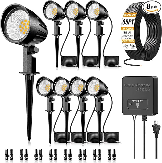 Low Voltage Landscape Lighting Kit, 12W Landscape Lights with Transformer 65FT UL-Listed Wire & Connectors, 2700K Waterproof Outdoor Garden Lights for Yard House Tree 12V-24V 8Pack