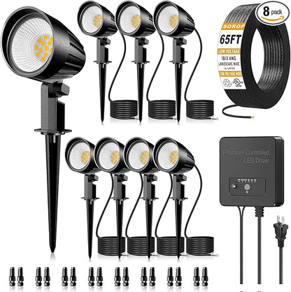 Low Voltage Landscape Lighting Kit, 12W Landscape Lights with Transformer 65FT UL-Listed Wire & Connectors, 2700K Waterproof Outdoor Garden Lights for Yard House Tree 12V-24V 8Pack