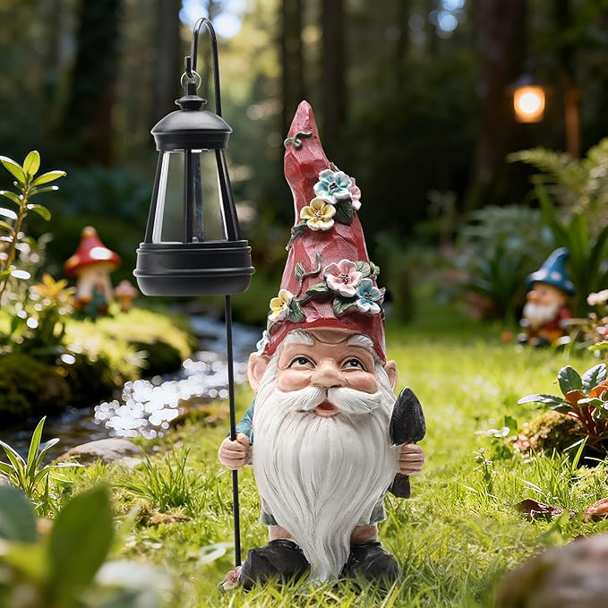 Garden Gnomes Statue with Solar Lantern, Outdoor Gnome Decorations for Yard, Outdoor Figurine Ornament with LED Lights for Patio Lawn, Housewarming Birthday Gift for Women Mom Grandma Wife