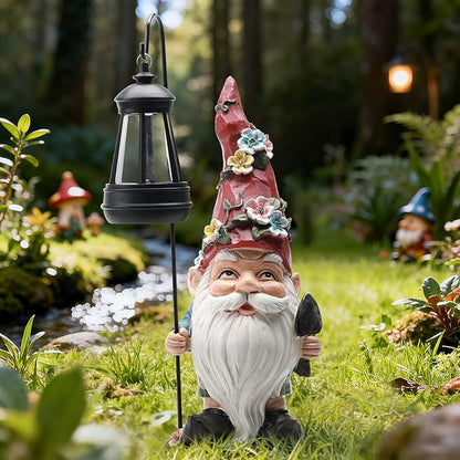Garden Gnomes Statue with Solar Lantern, Outdoor Gnome Decorations for Yard, Outdoor Figurine Ornament with LED Lights for Patio Lawn, Housewarming Birthday Gift for Women Mom Grandma Wife