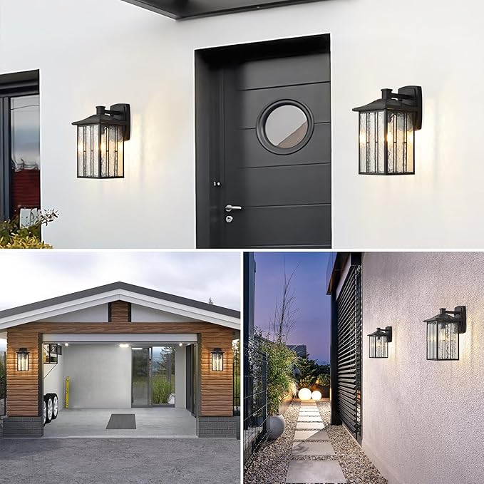 Outdoor Porch Light Fixtures, Black Wall Sconce Exterior Light, Large Front Ddoor Sconce Lights, Water Glass Outdoor Wall Lantern for Porch Garage House, 15”H