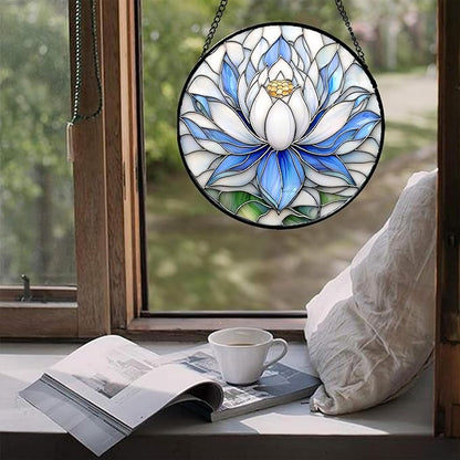 Stained Glass Window Hanging - Blue and White Lotus Petal Suncatcher for Doors Window Home Sun Catchers Decor Christmas Mother's Day July Birthday Gifts for Teacher Women Men Mom Nana 11.8 in