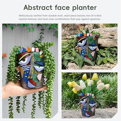 5.9" High Handcrafted Abstract Face Planter with Drain Hole - Vibrant Resin Flower Pot for Indoor Outdoor Decor