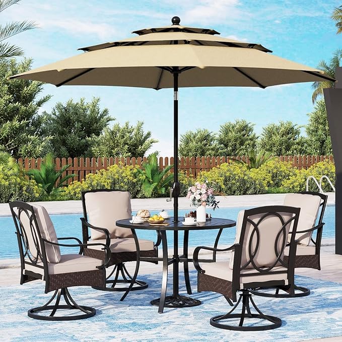 Sophia & William Patio Table and Chairs with 10ft 3 Tier Auto-tilt Beige Umbrella, 6 Piece Outdoor Table Furniture Set with 4 Padded Swivel Rocker Dining Chairs, 1 Round Metal Table and 1 Umbrella