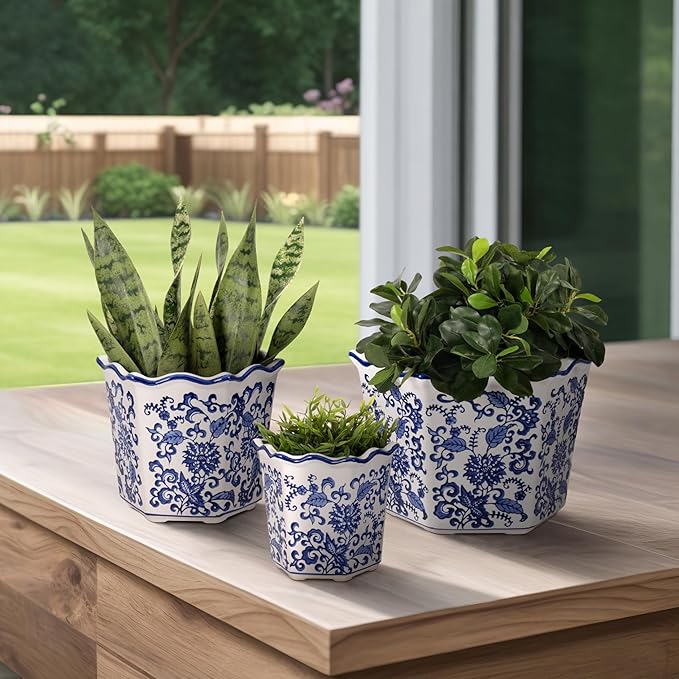 Home Decor Flower Pots and Planters – Intricate Pots with Floral Pattern for Indoor and Outdoor Plants - Vintage Plant Pots Great for Garden, Patio, or Room Decor Set of 3 – 9", 8", 7" Blue & White