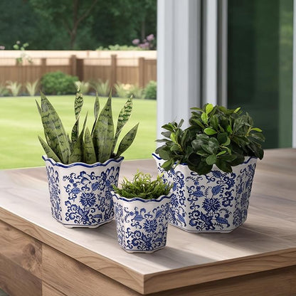 Home Decor Flower Pots and Planters – Intricate Pots with Floral Pattern for Indoor and Outdoor Plants - Vintage Plant Pots Great for Garden, Patio, or Room Decor Set of 3 – 9", 8", 7" Blue & White