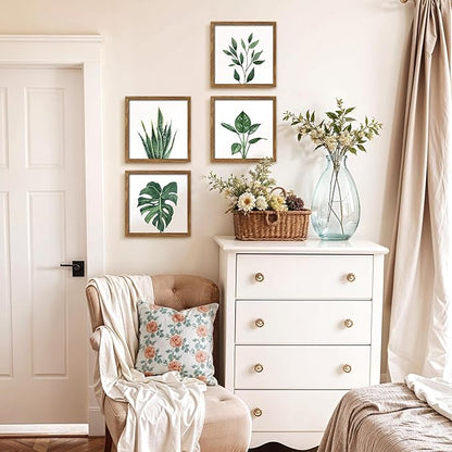 ArtbyHannah Framed Bathroom Wall Decor, 10x10 Inch Botanical Wall Art with Sage Green Plant Print for Wall Decoration, Minimalist Restroom Decor (Walnut)