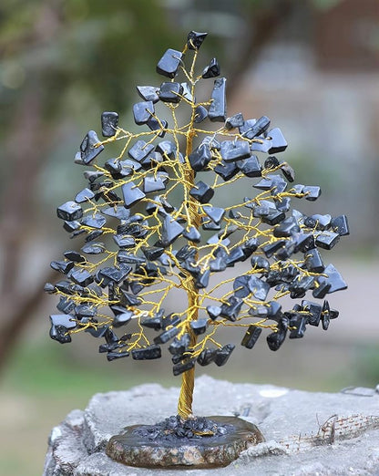 Black Tourmaline Gemstone Tree of Life With Geode Agate Slice Base - Crystal for Positive Energy, Feng Shui Decor, Chakra, Good Luck, Money Bonsai, Healing Stone, Spiritual Gem