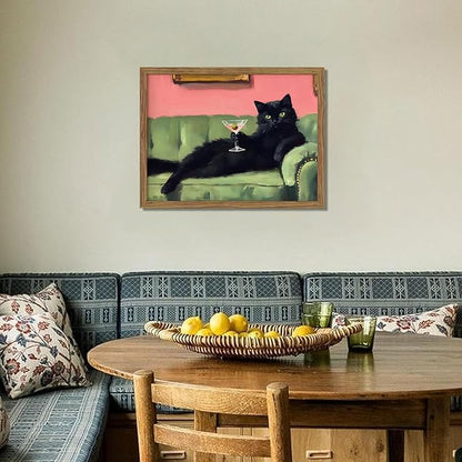 Framed Black Cat with Martini Wall Art Print, Whimsical Cute Cat Decor Paintings, Cocktail Art Bar Cart Decor, Funny Animal Canvas Pictures Aesthetic for Home Living Room Bedroom – 12x16 inch