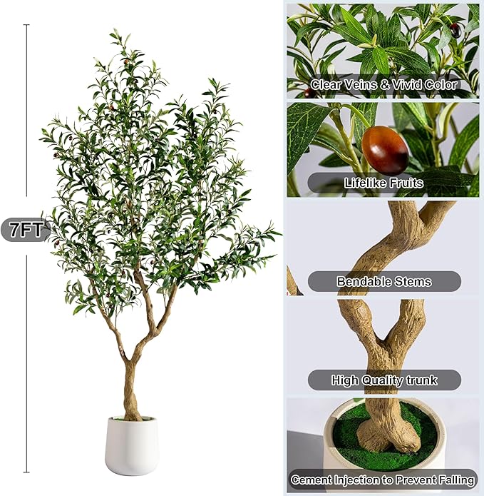 7FT Faux Olive Tree with Tall Exquisite Planter Artificial Olive Tree Tall, Potted Fake Olive Plant with 1710 Real Touch Leaves, Indoor Outdoor Home Garden Office Decor