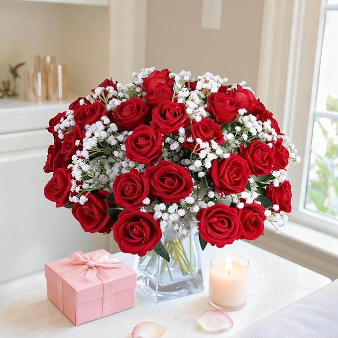HyeFlora 35 PCS Red Roses Artificial Flowers 15 PCS Fake Baby Breath Realistic Fake Flowers Bouquet with Stem for DIY Wedding Party Home Decoration Vase Tables Centerpieces Arrangements Gift for Her