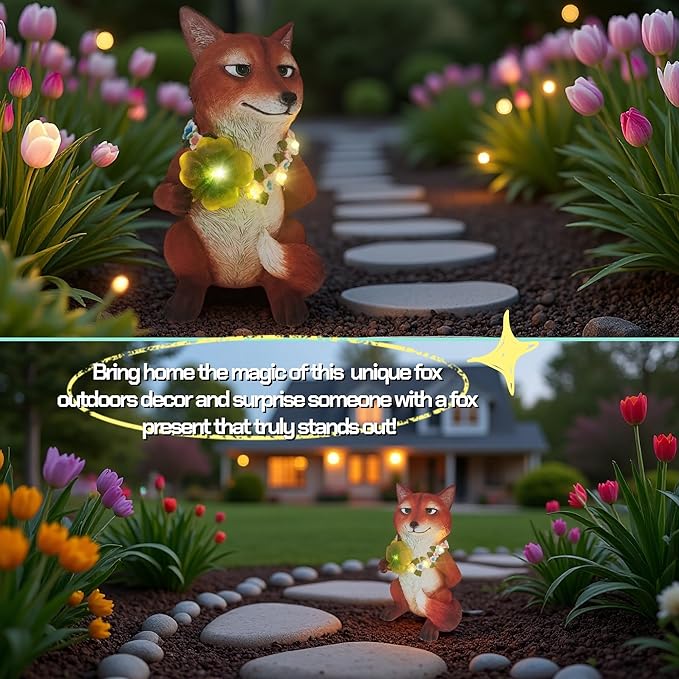 Solar Red Fox Garden Statue 12 Inch, Whimsical Woodland Animal Resin Garden Decor w/ Four-leaf Clover Light, Collectible LED Guardian Fox Outdoor Yard Ornaments for Spring St.Pactrick's Mom Gifts
