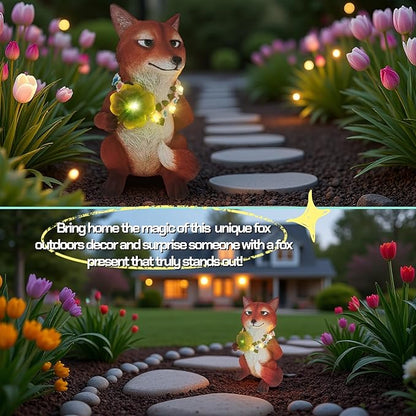 Solar Red Fox Garden Statue 12 Inch, Whimsical Woodland Animal Resin Garden Decor w/ Four-leaf Clover Light, Collectible LED Guardian Fox Outdoor Yard Ornaments for Spring St.Pactrick's Mom Gifts