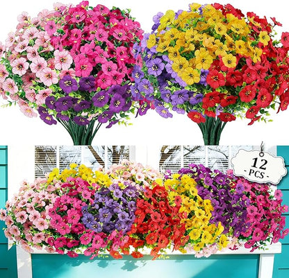 FGSAEOR 12 Bundles Artificial Flowers for Outdoor Indoor, Faux Flower Daisy with Eucalyptus Leaves Fake Plants Greenery, Garden Home Decor for Boxwood Porch Patio