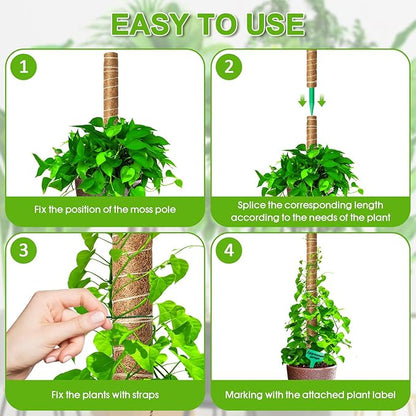 EAONE Moss Pole 128 Inch, 8 Pack 16" Monstera Plant Support for Climbing Potted Live Plants Indoor, Stackable Coco Coir Moss Sticks Monstera Stakes for Pothos Philodendron, with Garden Labels & Ties