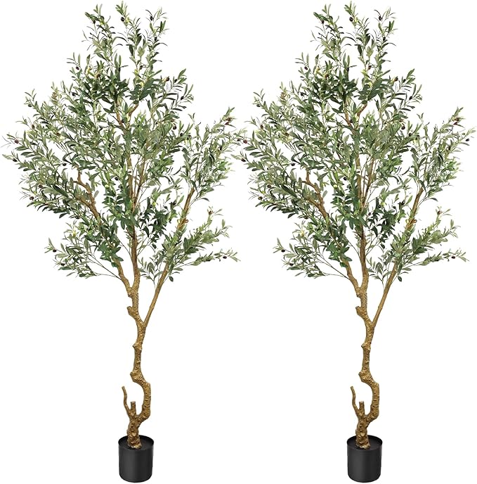 Artificial Fake Olive Tree 8FT Tall 2Pack Faux Silk Olive Tree for Home Living Room Office Decor Faux Artificial Plants Indoor Fake Potted Plants with Fruit & Free Moss