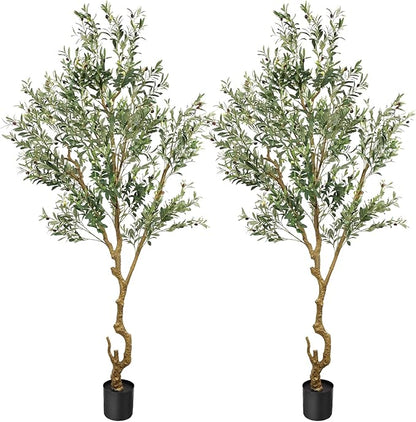 Artificial Fake Olive Tree 8FT Tall 2Pack Faux Silk Olive Tree for Home Living Room Office Decor Faux Artificial Plants Indoor Fake Potted Plants with Fruit & Free Moss