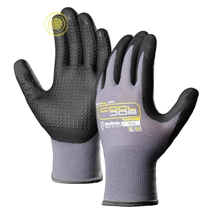 COOLJOB 12 Pairs Nitrile Rubber Dipped Safety Work Gloves with Grip Dots, Seamless Knit Nylon Gloves with 2 Fingers Touchscreen, Non-slip Coated for Warehouse, Home Improvement, Yard, Grey Large