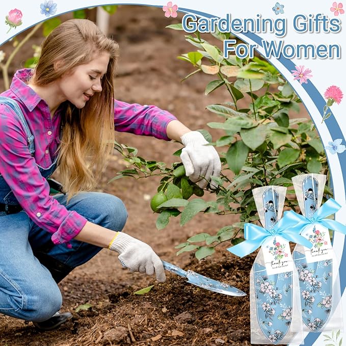 Capoda 12 Sets Floral Garden Shovels Bulk Gardening Gift for Women Garden Tools Floral Hand Heavy Duty Christmas Trowels Thank You Cards with Bags for Mom Gift Birthday Teacher(Blue,Bright)