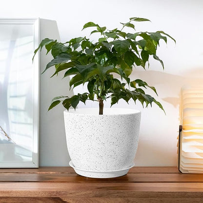 2Pack Large Indoor Planter Pot 12 Inch Plant Pot, Modern Flower Pots for Out Door Plants, Speckled White Plastic Planting Pots with Holes & Trays