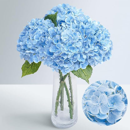 Waipfaru 21" Real Touch Blue Hydrangea Artificial Flowers with Long Stem & Leaves, Full Latex Faux Hydrangea Flowers for Home Decor Party Floral Arrangements Wedding Bouquets Centerpieces, 4Pcs