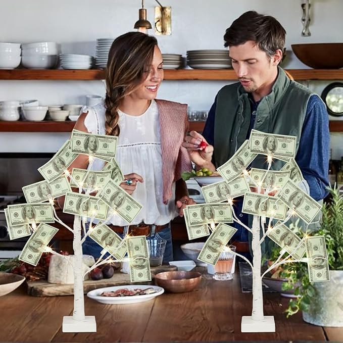 PABIPABI Money Tree Gift Holder, Set of 2 Birch Tree with 24 Clear Clips, Battery/USB Powered Timer Tabletop Trees for Home Party, Christmas, Wedding, Birthday Graduation (Warm White)