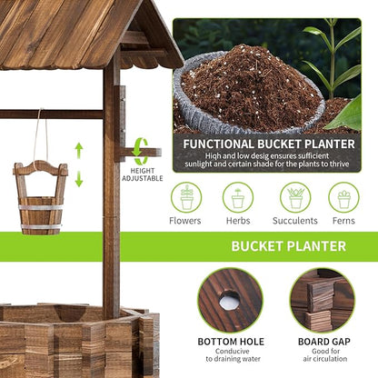 Aoxun Wooden Wishing Well Planters with Hanging Bucket, Garden Helper, Rustic Garden Decor for Outside, Yard, and Patio, Upgrade Reinforced Base, Brown