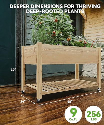 Raised Garden Bed with Wheels and Storage Shelf, Elevated Wooden Planter Box with Locking Casters for Patio, Balcony, Deck Gardening, Natural Wood Finish