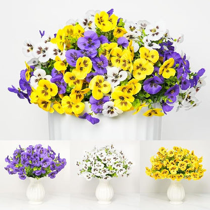 12 Bundles Artificial Flowers for Outdoor, UV Resistant Fake Pansy Flowers, Silk Faux Fowers for Outdoor Planters Home Garden Office Patio Front (12, White)