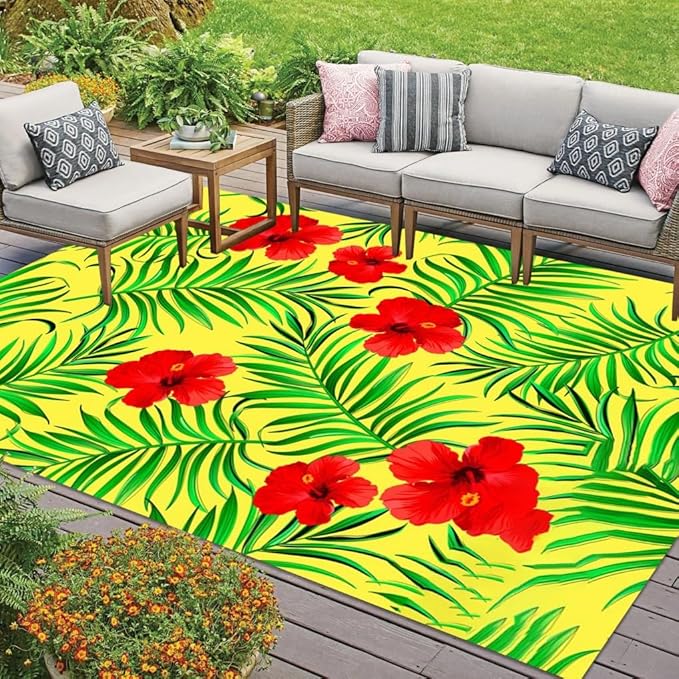 Yellow Green Red Tropical Leaves Flowers Waterproof Outdoor Area Rug 4x6 No Skid Washable Patio Deck Porch Floor Rug Durable Backyard Balcony RV Camping Carpet Kitchen Bathroom Runner Mat