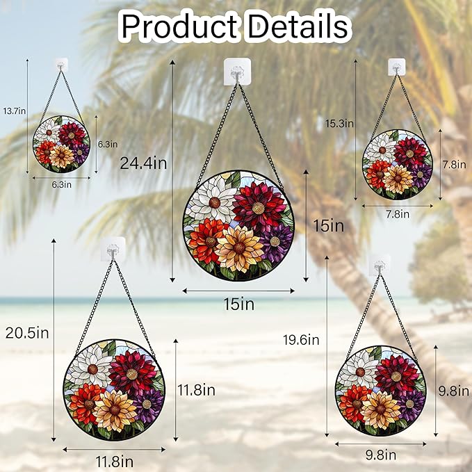 Stained Glass Window Hanging, Colorful Flowers Sun Catcher for Window Door Home Decor Plant Suncatcher Christmas Mother's Day Birthday Gifts for Women Men Mom and Nana 6.3 in