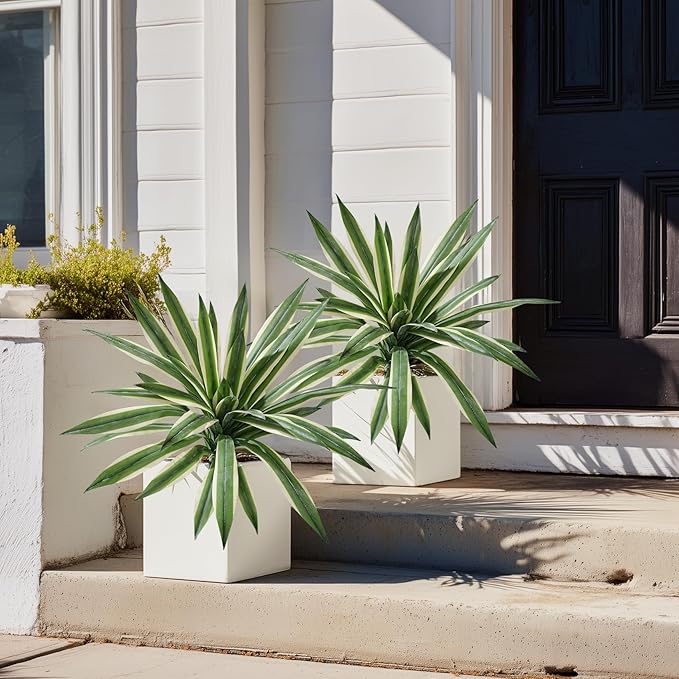 Artificial Agave Plant Fake Agave Planters for Indoor Outdoor Faux Agave Plants Real Touch Realistic Greenery for Home Living Room Office Bathroom Garden Front Porch Patio Decor (19inch-2 Pcs White)