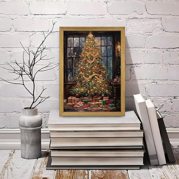 Christmas Canvas Wall Art, Vintage Christmas Tree Decor, Living Room Pine Tree Decorations, Winter Cottagecore, Decor for Bedroom Bathroom Xmas Holiday Decorations Gifts 8x10 Inch Wood Framed