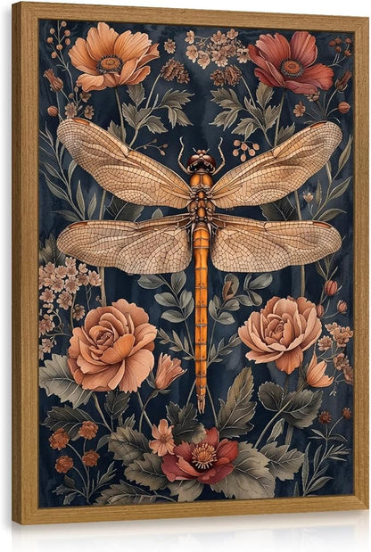 CAZLOUC Vintage Dragonfly Wall Art, William Morris Botanical Wall Decor, Neutral Insect Flower Poster Print, Dark Nature Floral Aesthetic Picture for Living Room Bedroom Wood Framed 12x16 Inch