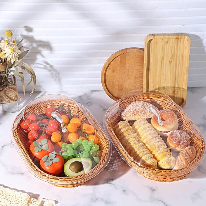 Hushee 2 Set Imitation Rattan Bread Basket with Lid Wicker Bread Baskets for Serving Woven Fruit Basket with Cover Oval Food Baskets for Food Vegetables Display(13.78 x 9.84 Inch)