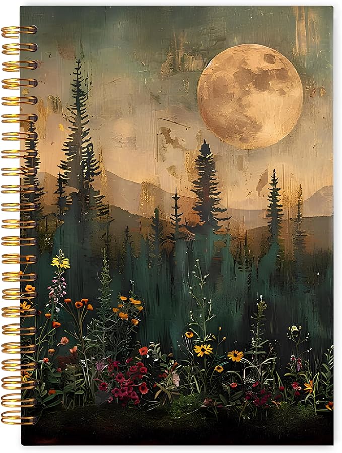 Moody Moonlit Night Forest Nature Notebook Journal 5.5x8.3, Vintage Pine Tree Plant Journaling Notebook, Dark Academia Cottagecore Wildflower Botanical Journal