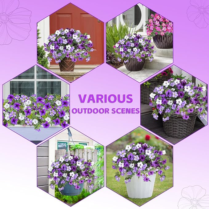 Artificial Fake Flowers for Outdoor Plants Decoration,4 Pcs Faux Petunias Flowers Plants UV Resistant Silk for Porch Yard Garden Home Indoor Decor(Purple White)