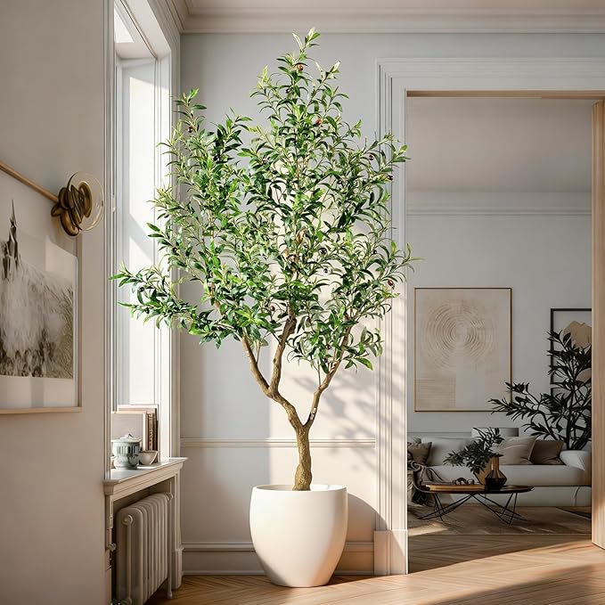7FT Artificial Olive Tree Artificial Olive Plants, Tall Faux Olive Tree Faux Silk Plant Fake Plant Ultra-Realistic Silk Leaves & Natural Trunk Indoor Outdoor Use
