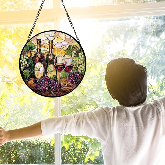 Stained Glass Window Hanging, Grapes and Wine Suncatcher Diamond Glass Panel Hangings Sun Catchers Decor for Birthday for Women, Men, Wife, Aunt, and Mom 7.8 in