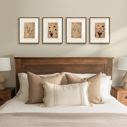 Framed Vintage Botanical Wall Art for Wall Decor, 4 Piece Brown Floral Farmhouse Bathroom Picture Prints, Rustic Farmhouse Botanical Artwork for Living Room Bedroom Bathroom Fireplace Walls, 11x14 In