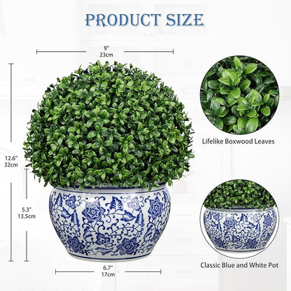 DILATATA Artificial Topiary Boxwood Ball in Blue and White Ceramic Pot, 13 Inch Artificial Boxwood in Planters Decorative Fake Greenery for Table Centerpiece Indoor Plant Home Decor - Large