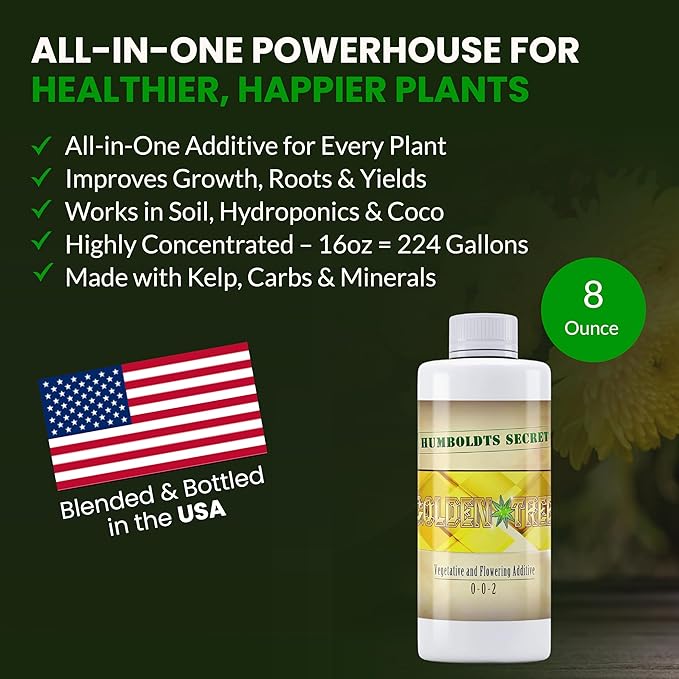 Humboldts Secret Golden Tree Liquid Plant Food | Enhances Growth Indoors or Outdoors | All-in-One Plant Nutrients for Vegetables, Trees, Flowers, Fruits, Roses, Lawns, Tomatoes | 8 Ounce