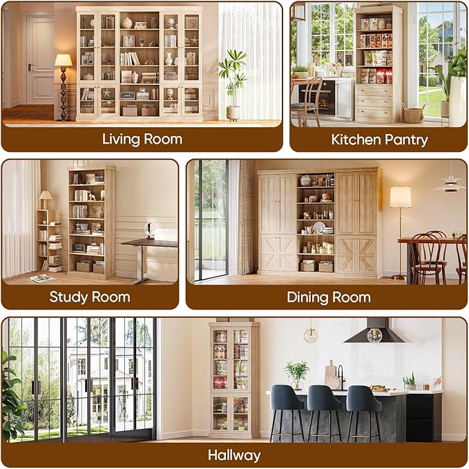 Vyre 70.8" Tall Farmhouse Bookshelf with Glass Doors, Modular Bookcase with 6-Tier Adjustable Shelves, Large Storage Cabinet for Kitchen, Living Room, Brown, Set of 3