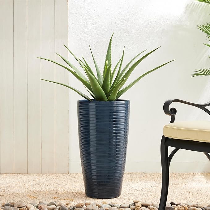 Glitzhome 22.5"H Oversized Tall Plnters, Large Planters for Outdoor Plants, Faux Ceramic Textured Turquoise Tall Planter with Drainage Holes, Large Flower Pots for Porch Outdoor Indoor Garden,Set of 2