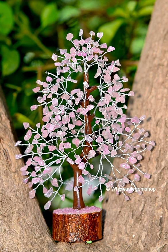 Rose Quartz Silver Wire Artificial Bonsai Tree – Crystal Healing Gem Tree for Love, Peace & Decor