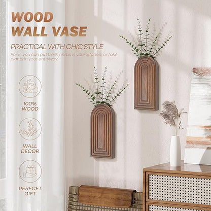 EOSAHR Pine Wood Set of 2 Wall Vases for Indoor Plants & Flowers – Farmhouse Wall Art for Living Room, Office and Home Decor – Hanging Planters with Boho Decor for Fake Plants (Brown)