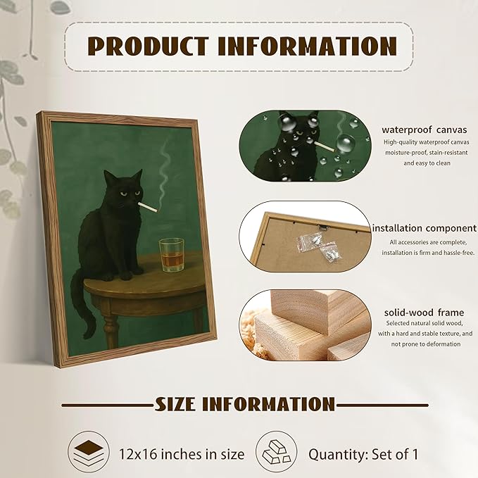 Framed Moody Black Cat Wall Art, Dark Humor Wall Decor, Vintage Whiskey Cat Poster Canvas Print, Funny Black Cat Picture Artwork Decor for Living Room Bedroom Office – 12x16 inch