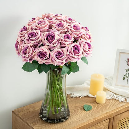 Fake Roses Faux Flowers Silk Roses Artificial Roses with Stems Realistic Artificial Flowers 24PCS Suitable for Indoor Home Decoration DIY Bouquet Wedding Decor Party Decor (Purple) 16.5In